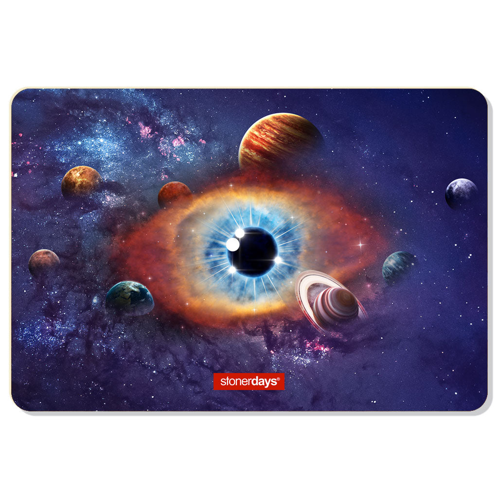 StonerDays Universe Eye Dab Mat with vibrant cosmic design, polyester top and rubber base, 1/4" thick