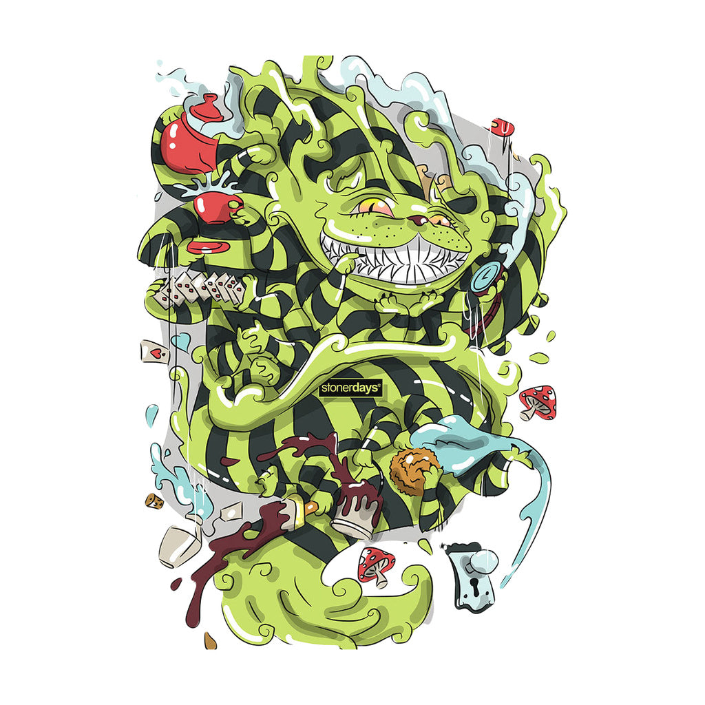 StonerDays Wonderland White Tee with vibrant Cheshire Cat-inspired design, 100% cotton