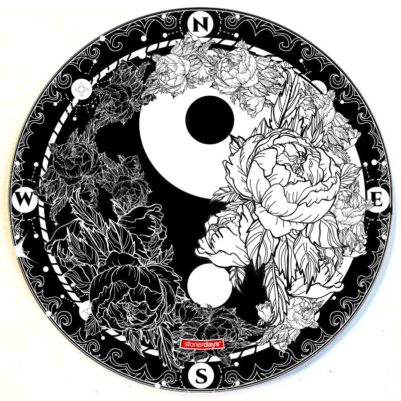 StonerDays Yin Yang 8" Round Dab Mat with Black and White Floral Design