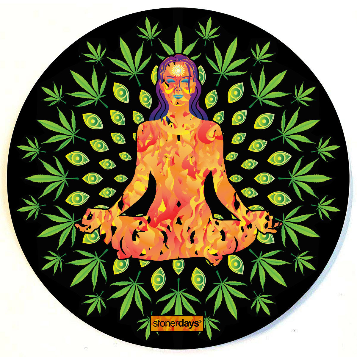 StonerDays Yogini Fire Dab Mat with vibrant green cannabis leaves on a black background.