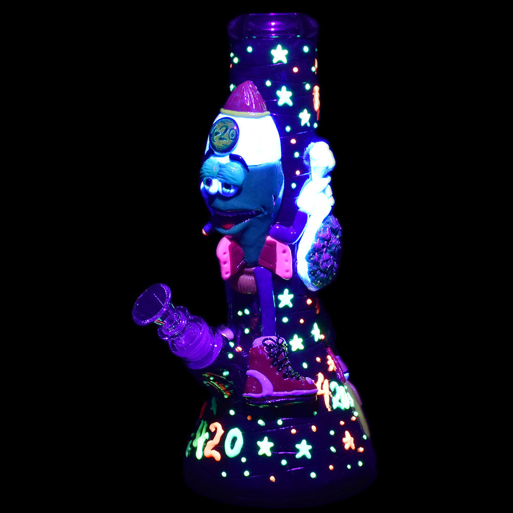 Pulsar Stoney Rocket Bro 3D Painted Beaker Water Pipe with vibrant space design, front view.
