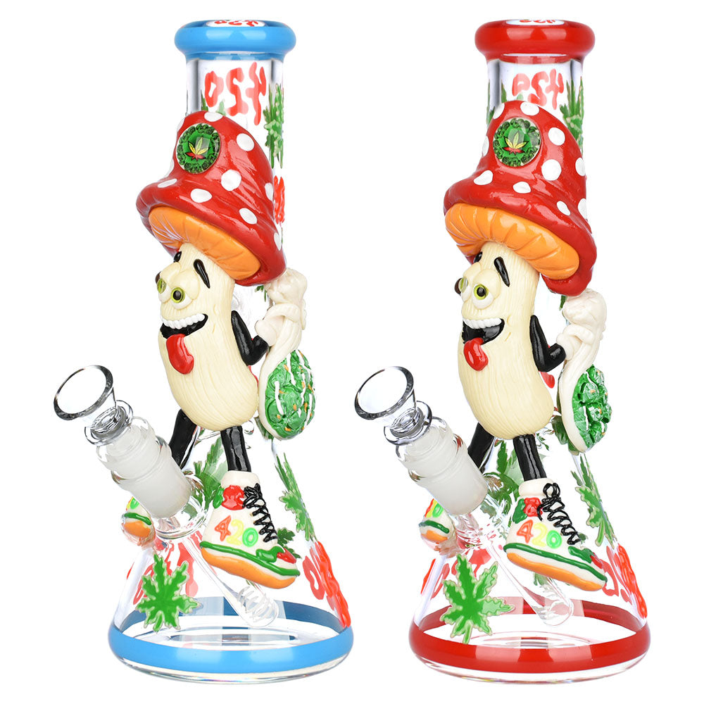 Pulsar Stoney Shroom Bro 3D Painted Water Pipe, 10.25" with 14mm Female Joint, Dual Front View