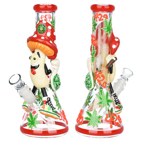 Pulsar Stoney Shroom Bro 3D Painted Beaker Water Pipe, 10.25", 14mm Female Joint, Front and Angle View