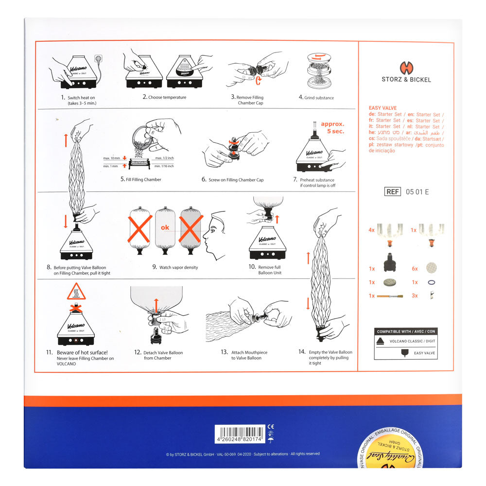 Storz & Bickel Volcano Vaporizer Easy Valve instructions, back view of the starter set box