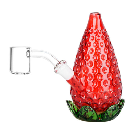 Strawberry-themed clear borosilicate glass mini rig with 10mm female joint, front view on white background
