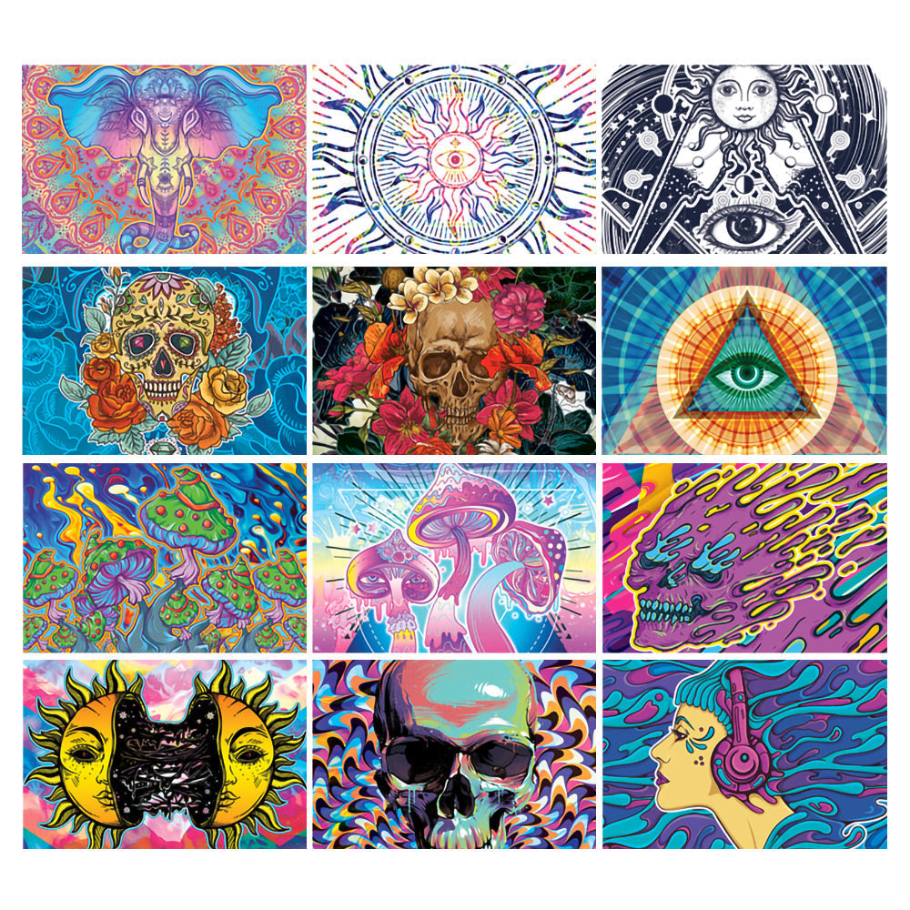 Striko Glass Jars 12 Pack with Psychedelic Designs, Portable Borosilicate Storage