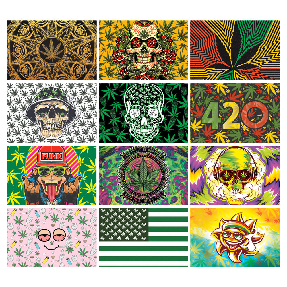 Striko Glass Jars with 420-themed designs, 3" size, 12pc display set, borosilicate glass stash storage