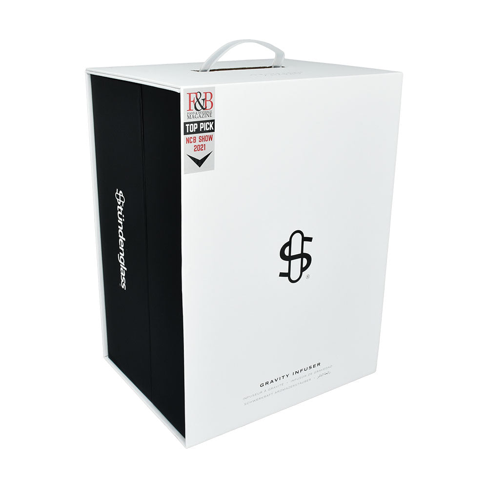 Stündenglass Gravity Infuser Water Pipe packaging box, 15" height, front view on white background