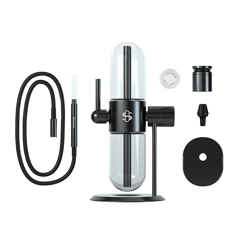 Stündenglass Gravity Infuser Water Pipe 15" with aluminum body and borosilicate glass, front view with accessories