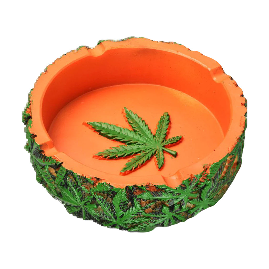 Round resin ashtray with hemp leaf design, 4.25" diameter, top view on white background