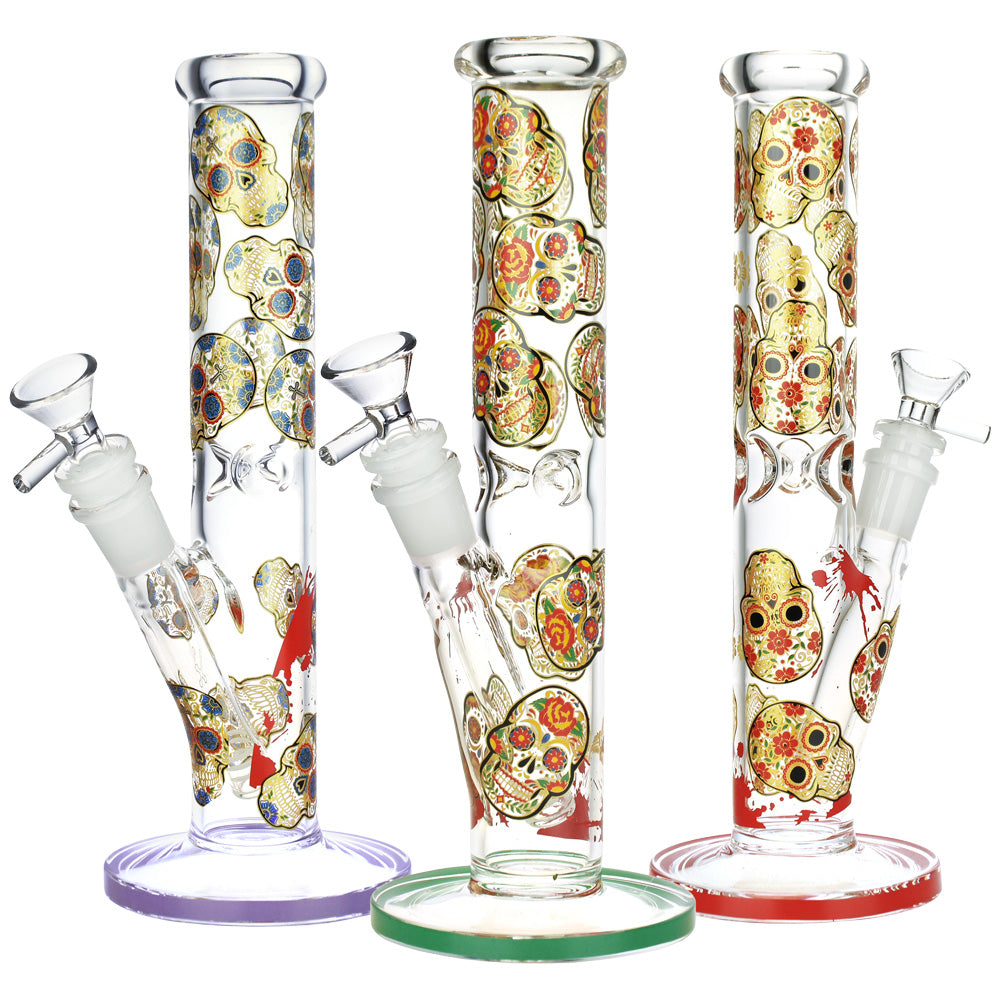 Colorful Sugar Skull Straight Tube Water Pipes - 9.75" Borosilicate Glass, Various Colors