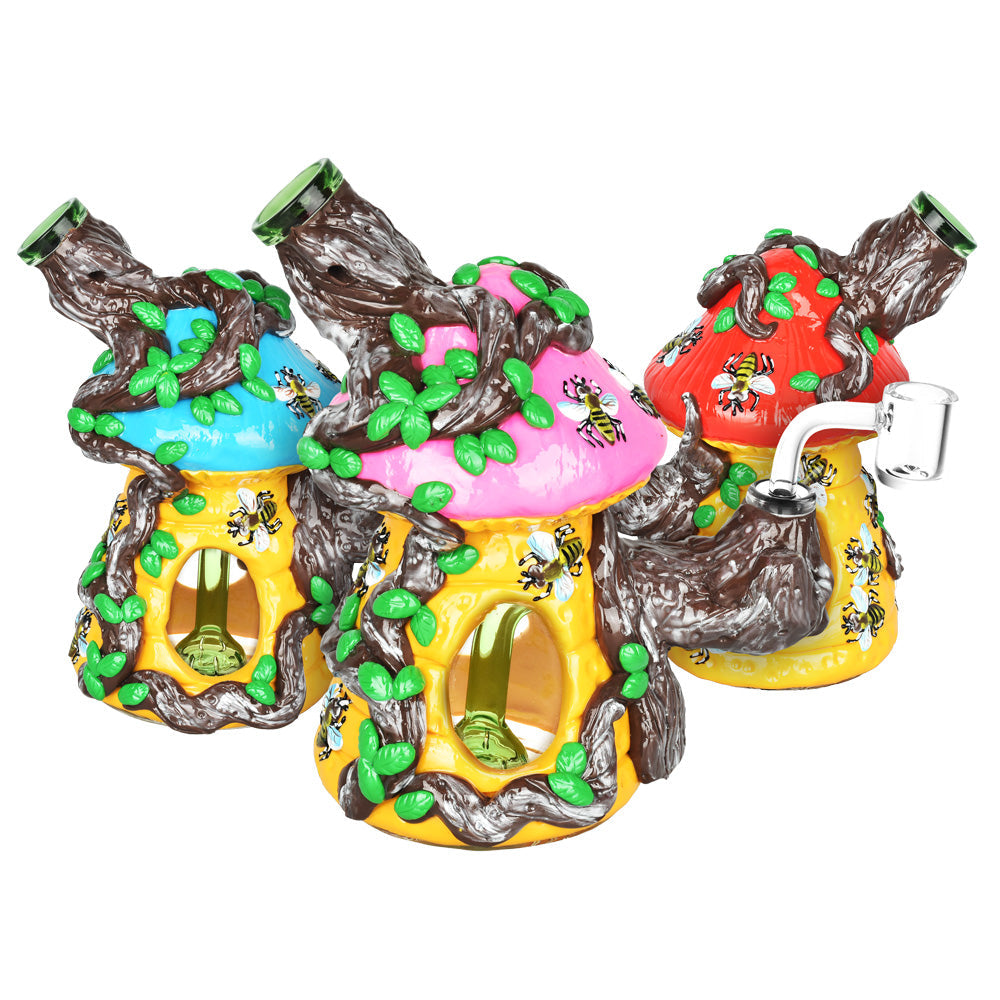Symbiotic Beehive Dab Rigs in vibrant colors with intricate glasswork, angled side view