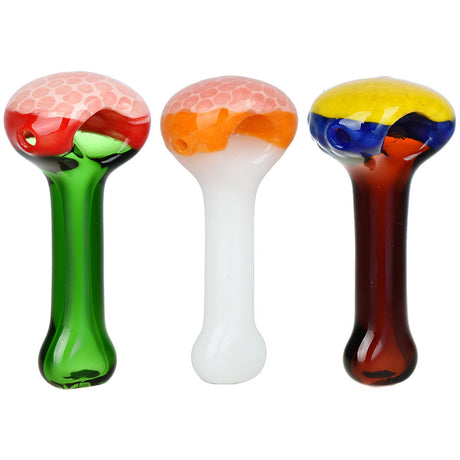 Synthesis Honeycomb Spoon Pipes in assorted colors, compact 4" borosilicate glass, front view
