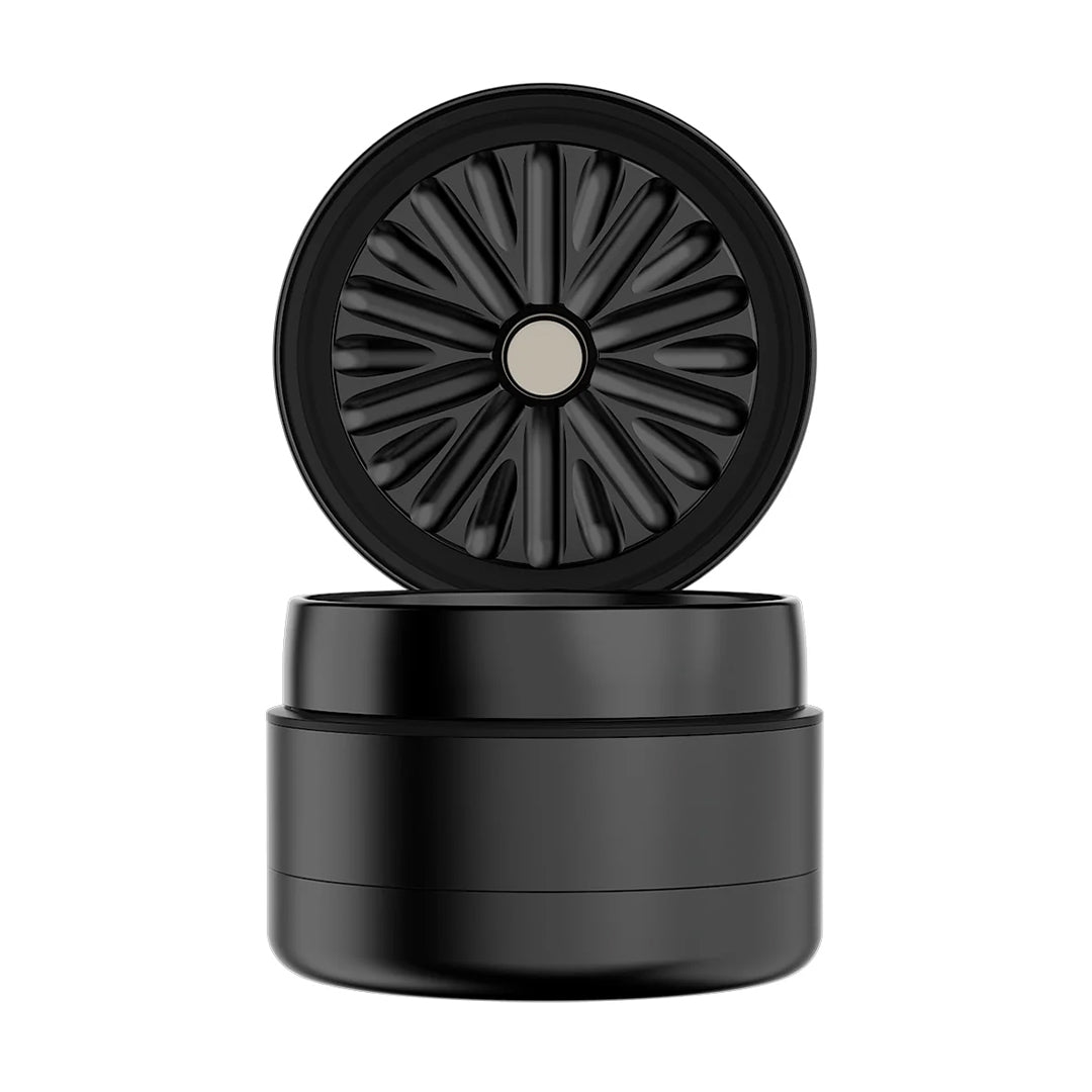 Flower Mill 2.5" Premium Grinder in Black - Front View with Open Lid Showing Razor-Sharp Teeth