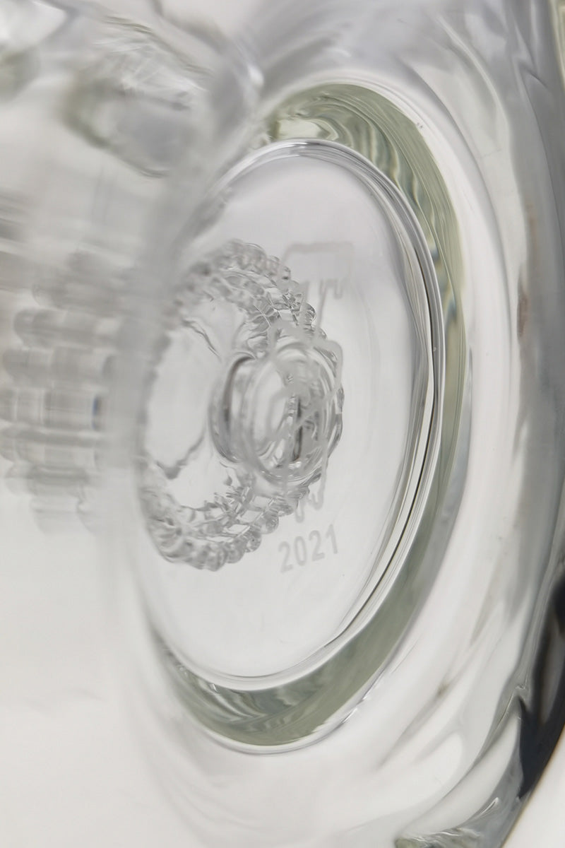 Close-up of TAG Bent Neck Bong's Matrix Diffuser and 2021 engraving, clear borosilicate glass