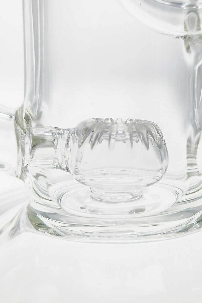 Close-up of TAG 10" Klein Incycler Dab Rig with Super Slit Puck Percolator, Clear Borosilicate Glass