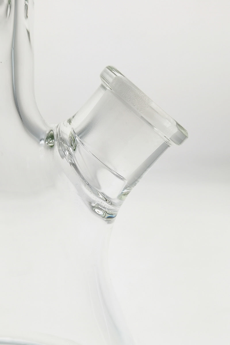 Close-up of TAG 12" Beaker Bong with 18/14MM Downstem, clear glass, 45-degree joint