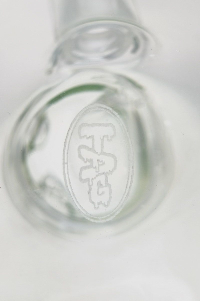 Close-up of TAG logo on 12" Beaker Bong downstem, clear glass, 50x7MM, for dry herbs