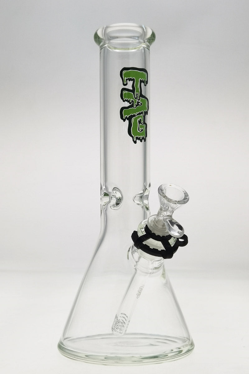 TAG 12" Beaker Bong 50x7MM with 18/14MM Downstem, Clear with Slyme Logo, Front View