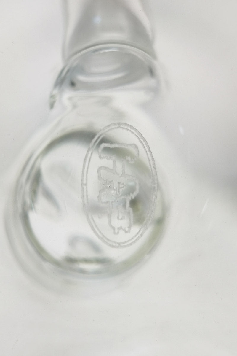 Close-up view of TAG 12" Beaker Bong's 18/14MM downstem with clear glass and logo detail