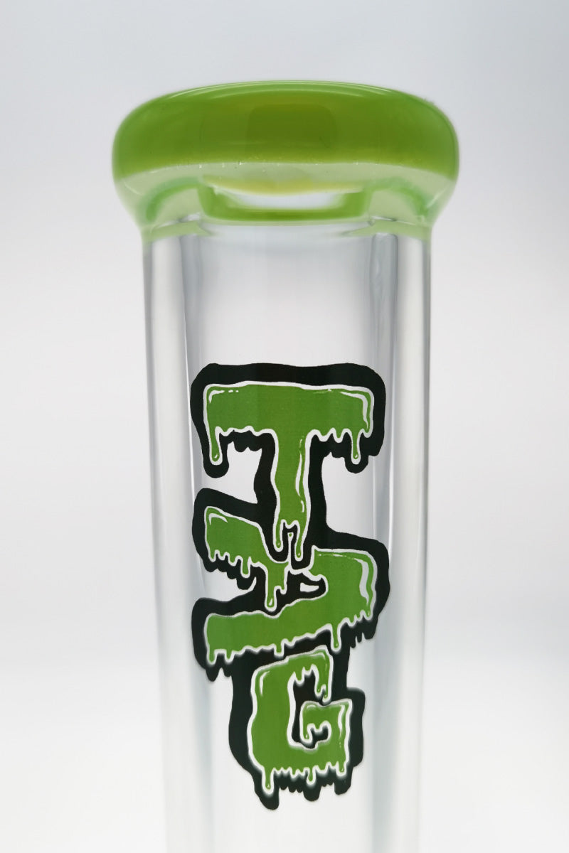 TAG 12" Beaker Bong in Clear Borosilicate Glass with Rasta Logo, 50x9MM Heavy Wall Side View