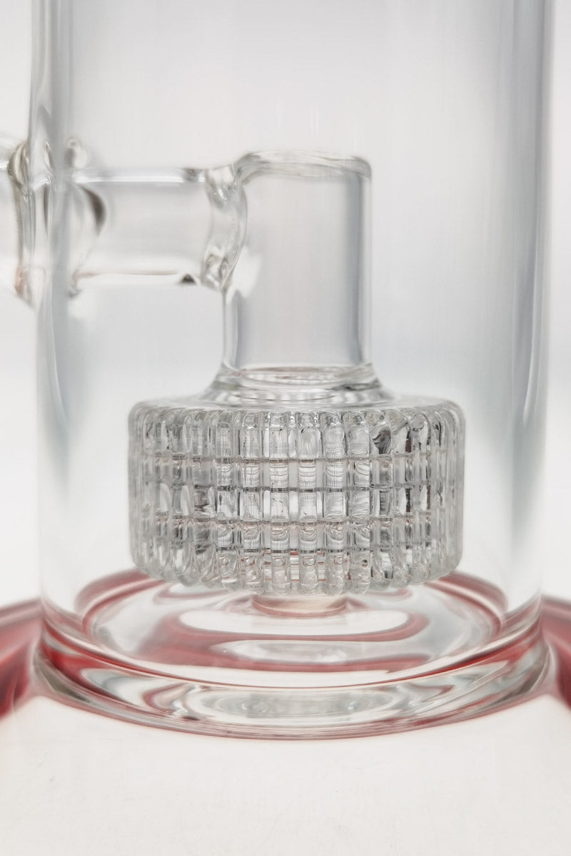 Close-up of TAG 12" Bent Neck Bong with Super Slit Matrix Diffuser in Clear Glass