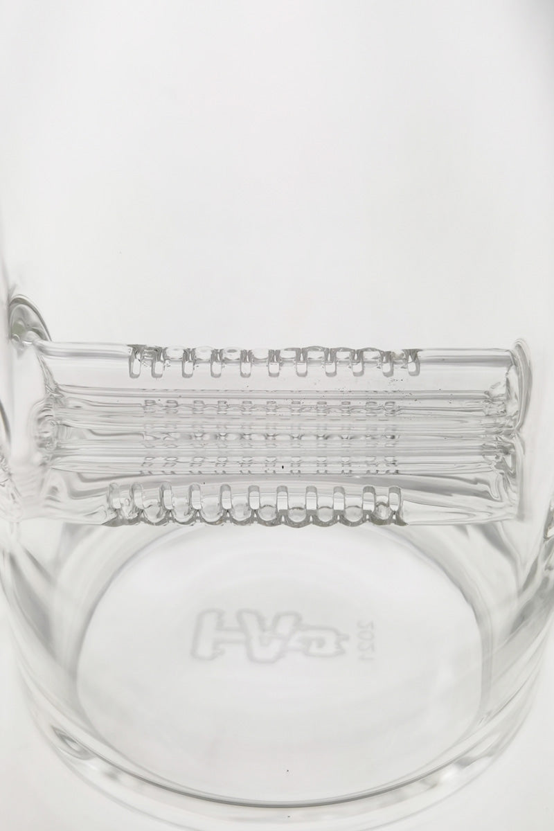 Close-up of TAG 12" Bent Neck Bong with Triple Inline Diffuser, Clear Glass, 18MM Female Joint