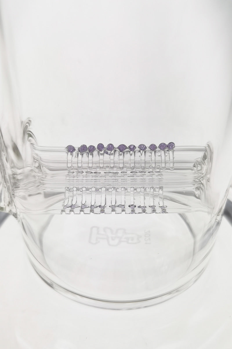 Close-up of Thick Ass Glass 12" Inline Triple Diffuser Bong Base, Clear, 18MM Female Joint
