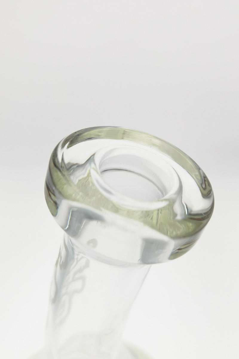 Close-up of TAG 12" Bent Neck Bong's 18MM Female Joint, Clear Glass, Inline Percolator