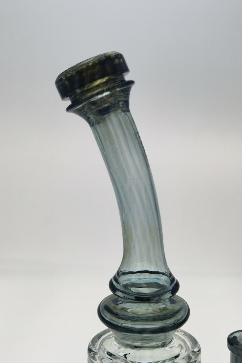 Close-up of TAG 12" Faberge Egg Klein Incycler with blue accents and glass on glass joint