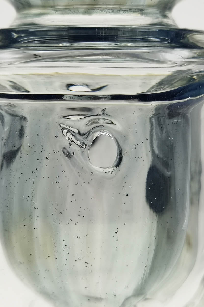 Close-up of Thick Ass Glass 12" Faberge Egg Klein Incycler, clear with blue accents