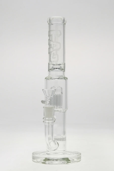 TAG 12" clear glass bong with single honeycomb and 8 arm tree percolator, front view on white background