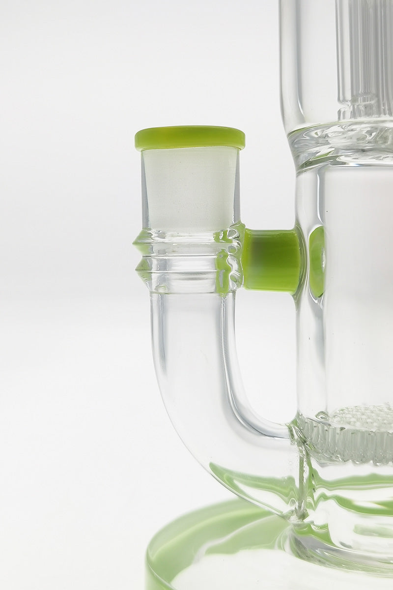 Close-up of TAG 12" Honeycomb to Tree Percolator Bong with 14MM Female Joint in Clear and Green
