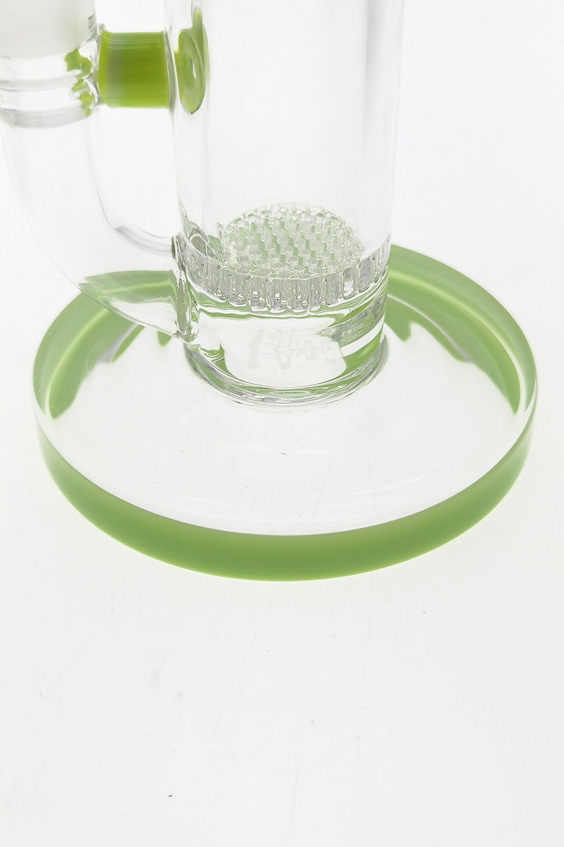 TAG 12" Clear Bong with Green Accents, Honeycomb Percolator, Close-up Side View