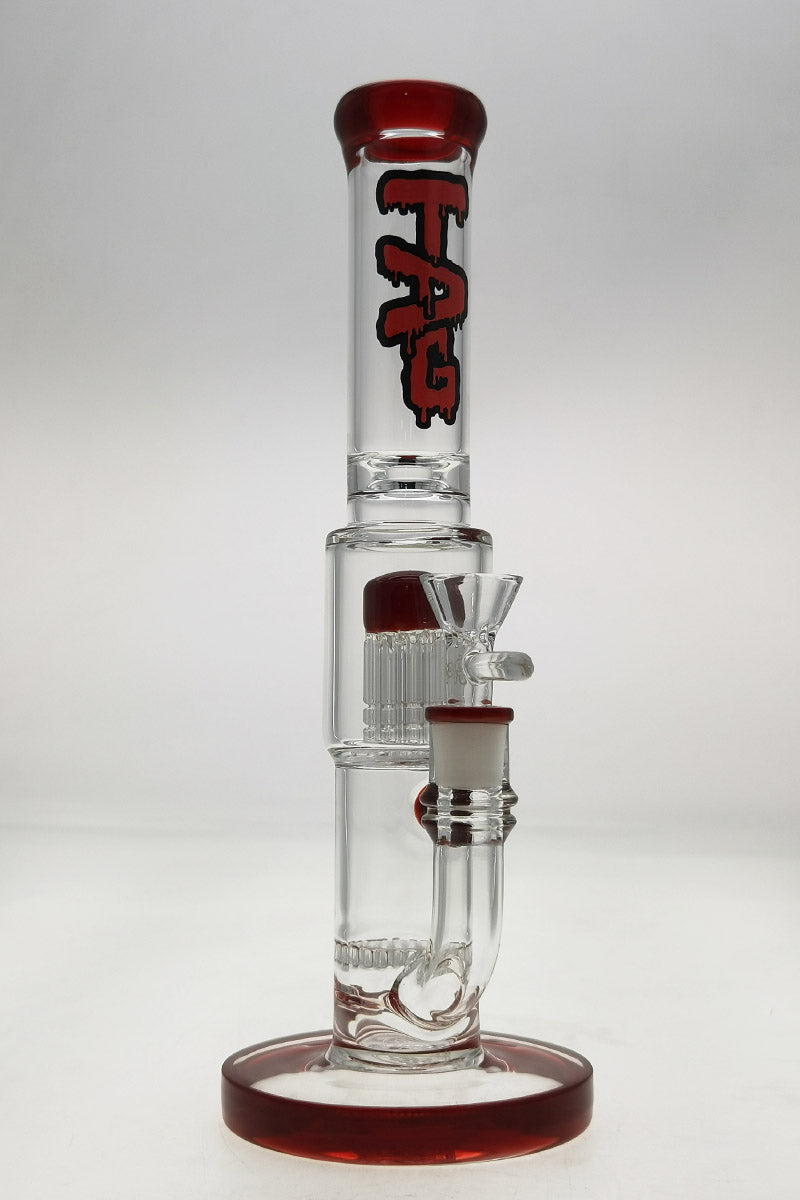 Thick Ass Glass 12" Bong with Honeycomb & Tree Percolators, Red Accents, Front View