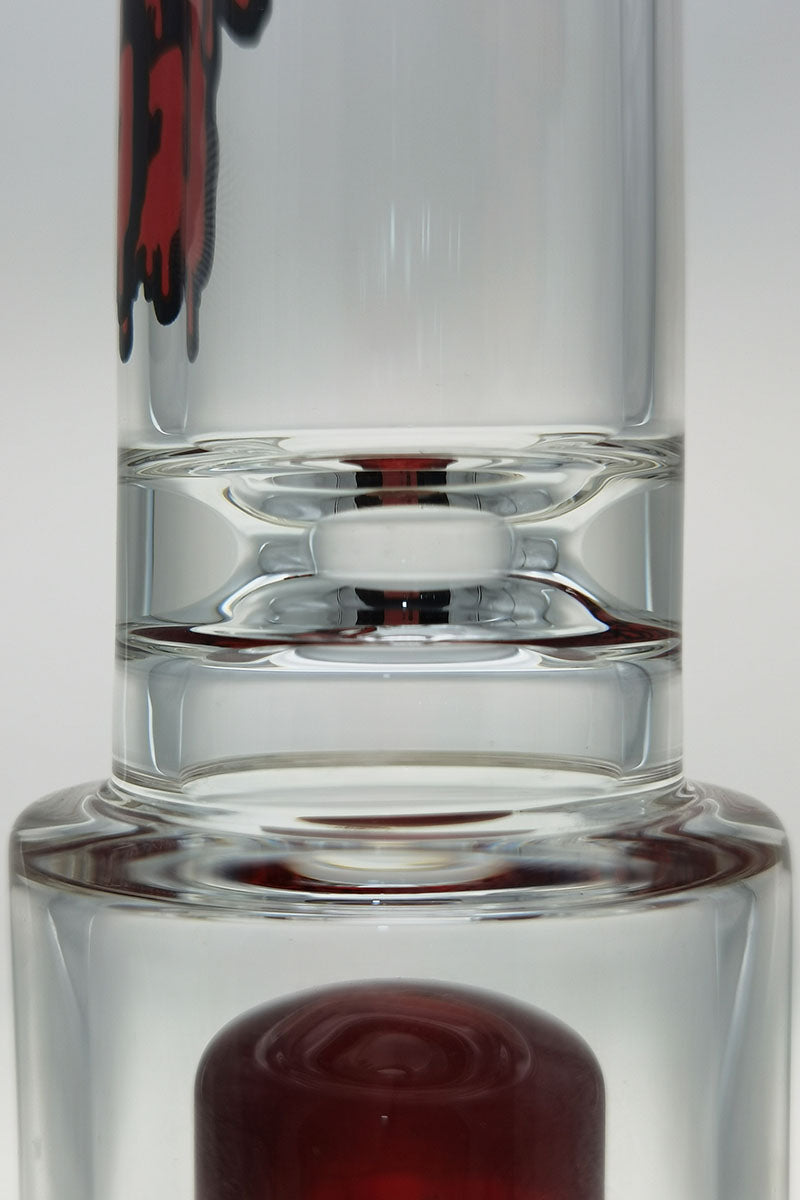 Close-up of TAG 12" Bong with Honeycomb & 8 Arm Tree Percolator, Clear with Red Accents