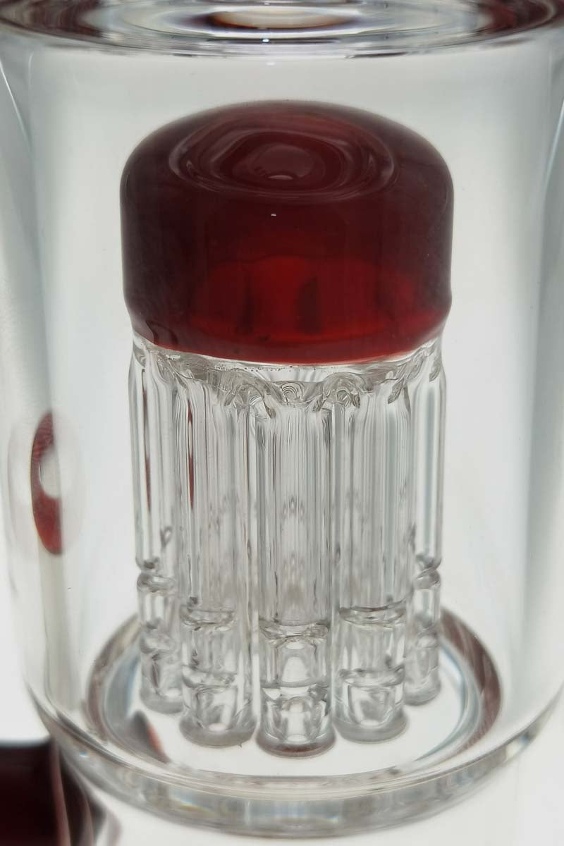 Close-up of TAG 12" Honeycomb to Tree Percolator Bong with red accents, clear glass, and 14MM Female joint