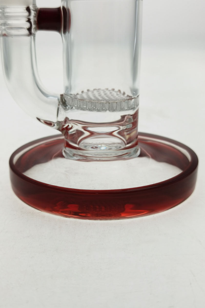Close-up of TAG 12" clear bong with red base, honeycomb percolator, and 8 arm tree percolator