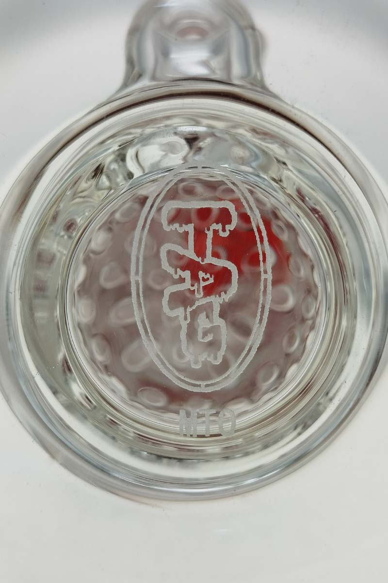 Top view of TAG 12" Honeycomb to Tree Percolator Bong with red logo, clear glass, for dry herbs
