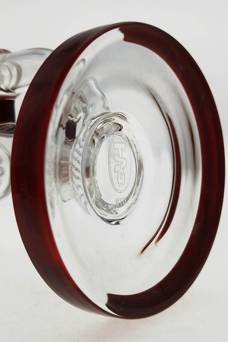 TAG 12" bong with single honeycomb, 8 arm tree perc, clear with red accents, bottom view