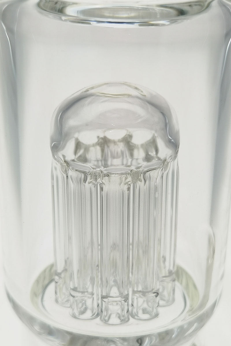 Close-up view of TAG 12" Clear Glass Bong with Single Honeycomb and 8 Arm Tree Percolator