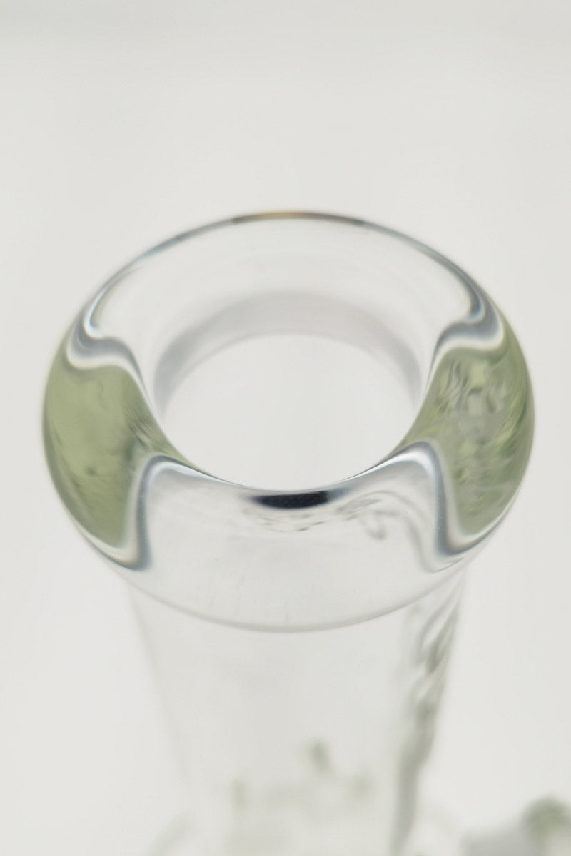 Close-up of TAG 12" Straight Tube Bong 50x5MM top, clear glass, 18/14MM downstem