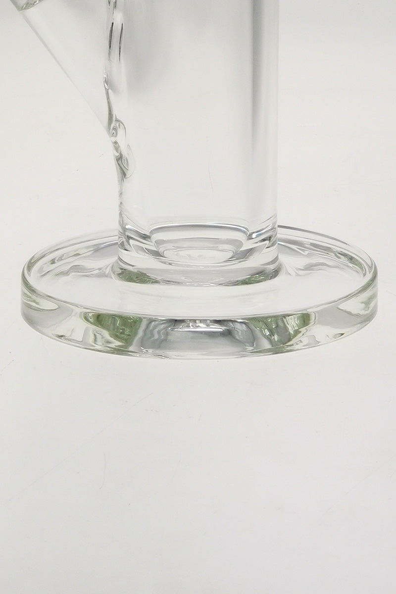 Close-up view of TAG 12" Straight Tube Bong base with Wavy Sandblasted Logo, clear glass, 50mm diameter