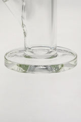 Close-up view of TAG 12" Straight Tube Bong base with Wavy Sandblasted Logo, clear glass, 50mm diameter