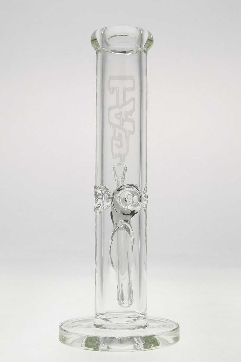 TAG 12" Clear Straight Tube Bong with Wavy Sandblasted Logo and Thick Glass, Front View