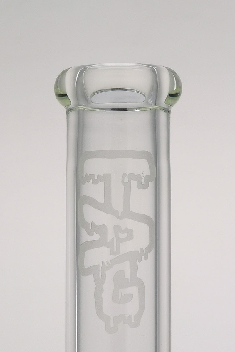 TAG 12" Straight Tube Bong with Wavy Sandblasted Logo, Clear Glass, 50x9mm, Front View