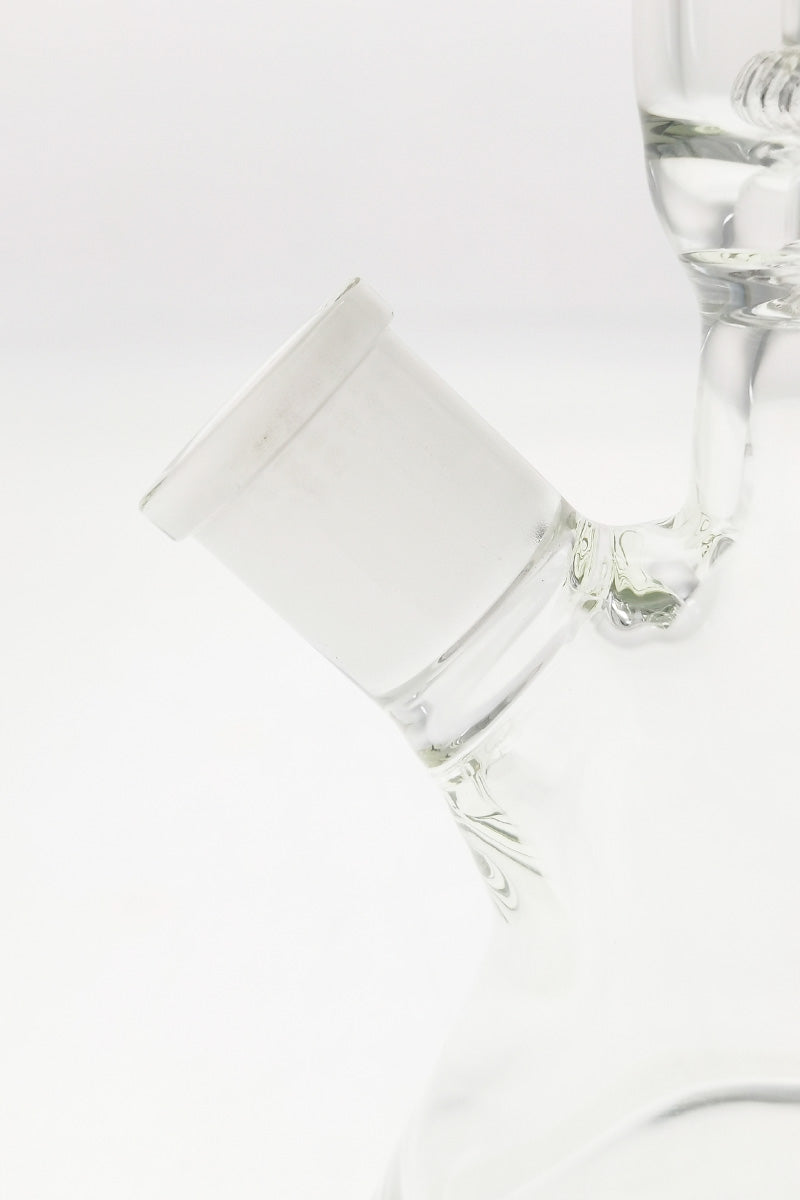 Close-up of TAG 12" Super Slit UFO Beaker's 18/14MM Downstem, clear glass with 45-degree joint