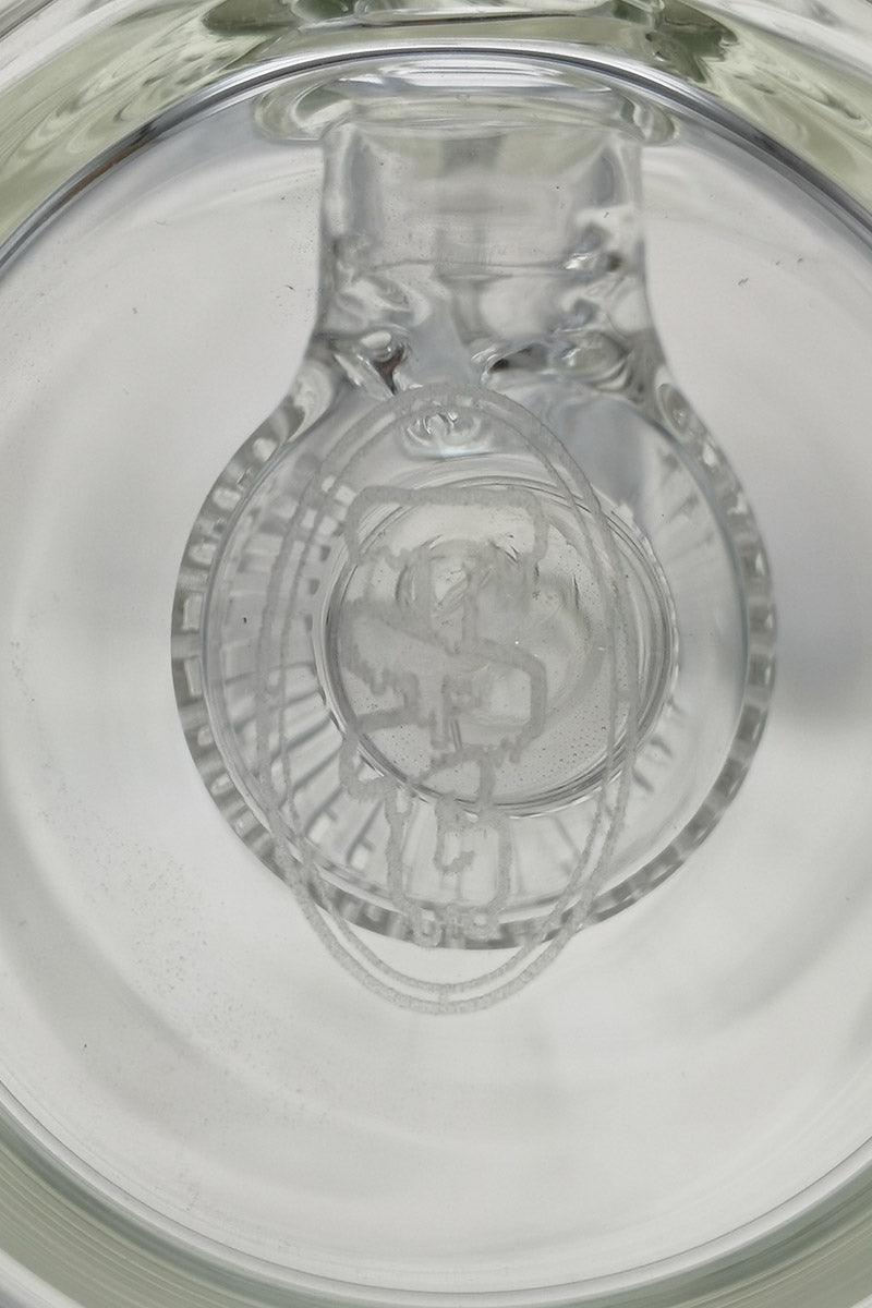 Close-up view of TAG 12.5" Bent Neck Bong with Super Slit Puck Diffuser in Clear