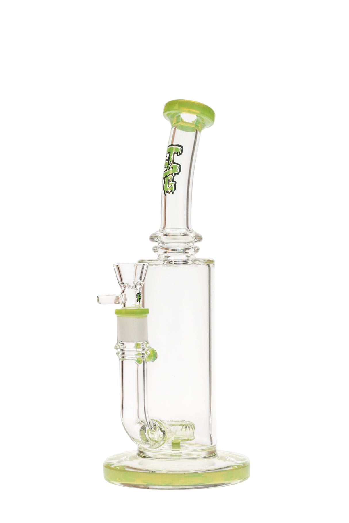 TAG 12.5" Bent Neck Bong with Super Slit Puck Diffuser, Clear with Slyme Accents, Front View