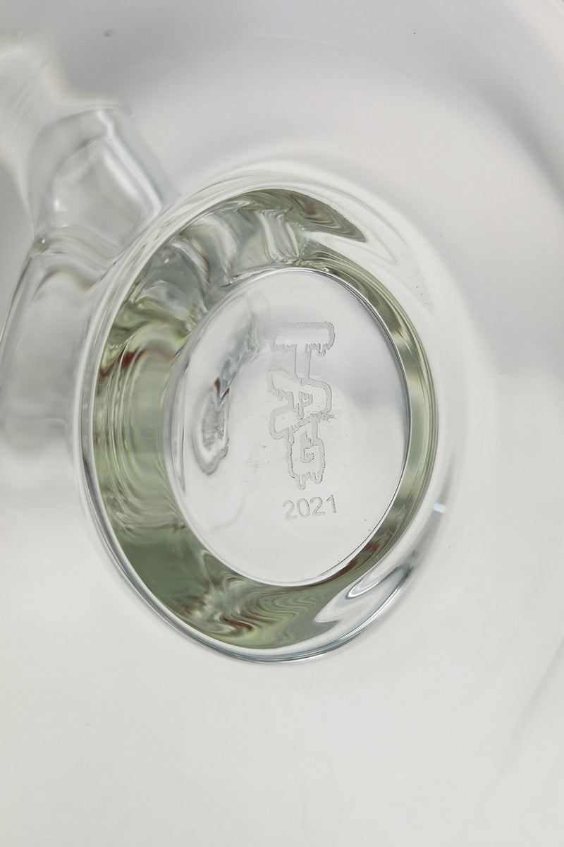 Close-up of TAG straight tube bong base with 8 arm percolator and Thick Ass Glass logo